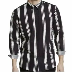 Sun+Stone Men’s Black Classic Fit Striped Shirt Size M